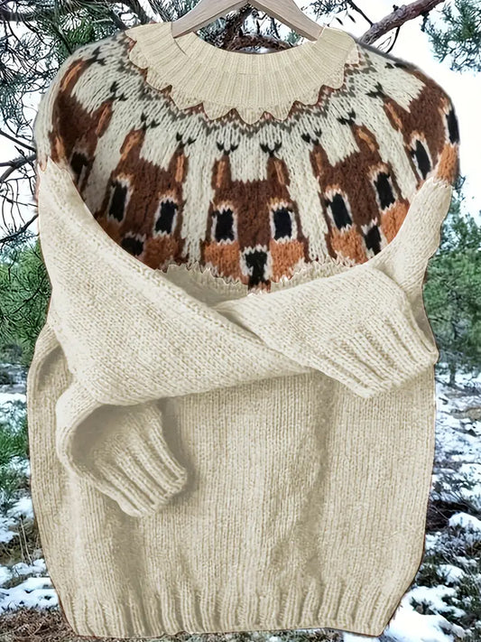 Női vintage karácsonyi állat művészet nyomtatás kényelmes alkalmi pulóver