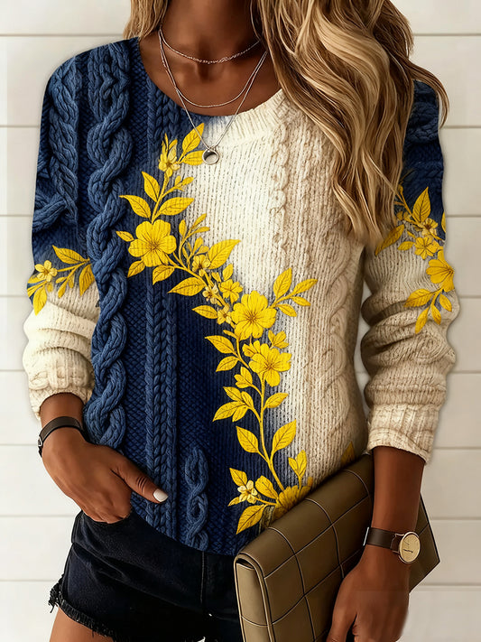 Női vintage virág művészet nyomtatás alkalmi kényelem pulóver