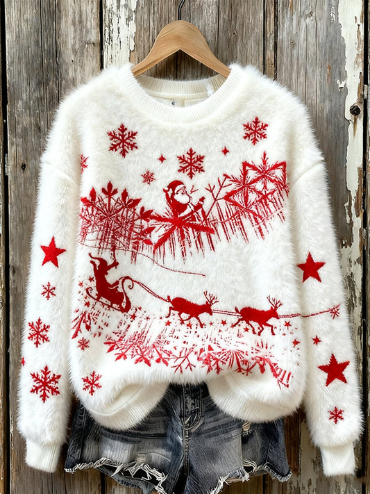 Női vintage karácsonyi művészet nyomtatás hangulatos flanel pulóver