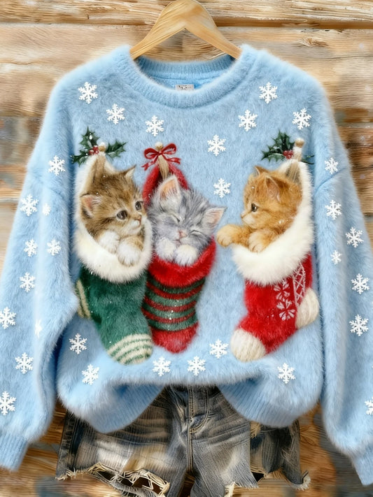 Női vintage karácsonyi művészet nyomtatás hangulatos flanel pulóver