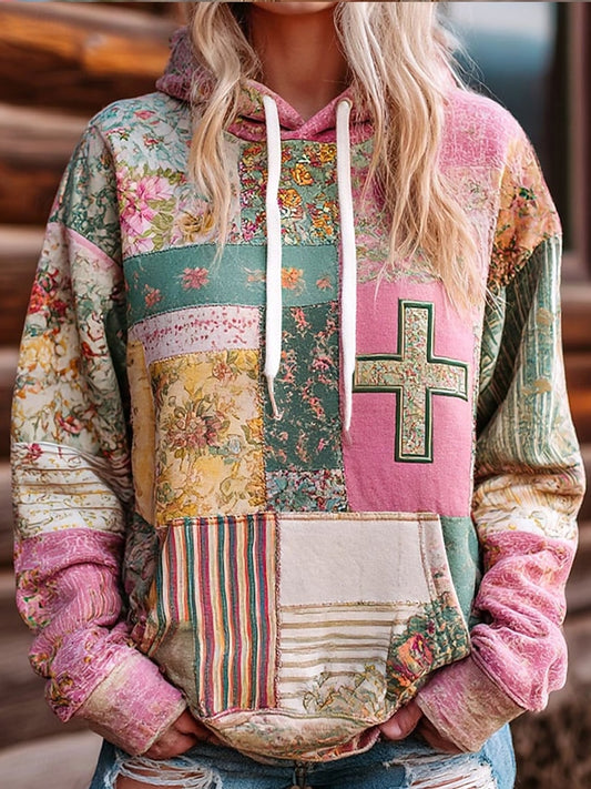 Női vintage bohém patchwork virágos alkalmi hoodie