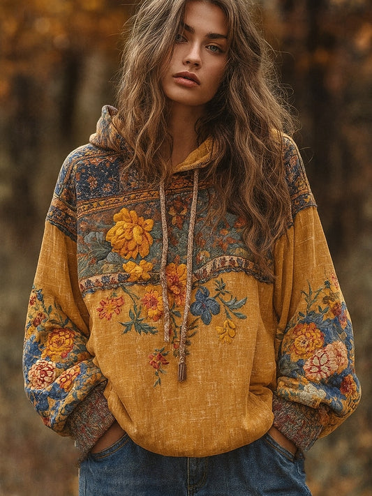 Női vintage bohém patchwork virágos alkalmi hoodie