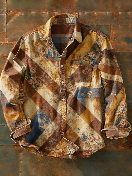 Férfi retro absztrakt művészet nyomtatás alkalmi hosszú ujjú ing