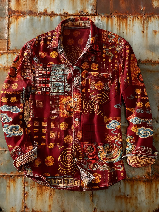 Férfi retro absztrakt művészet nyomtatás alkalmi hosszú ujjú ing