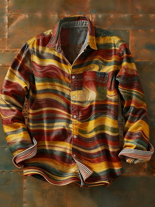 Férfi retro absztrakt művészet nyomtatás alkalmi hosszú ujjú ing