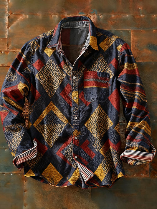 Férfi retro absztrakt művészet nyomtatás alkalmi hosszú ujjú ing