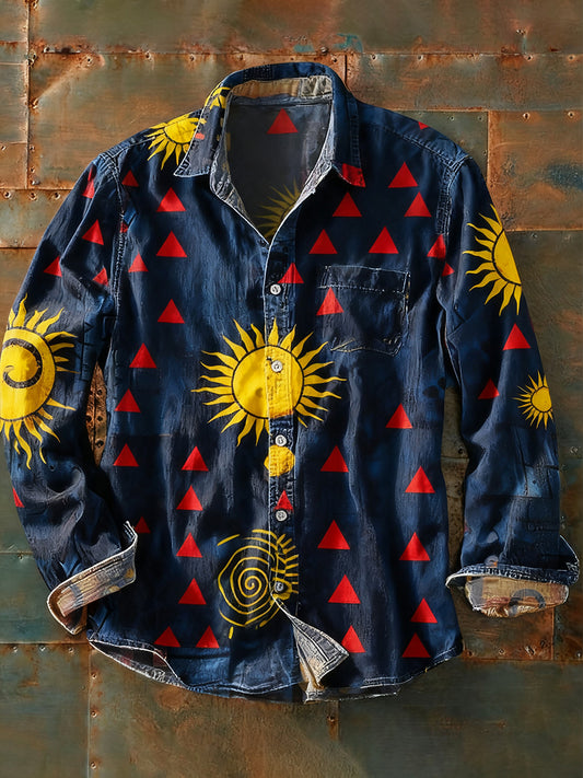 Férfi retro absztrakt művészet nyomtatás alkalmi hosszú ujjú ing