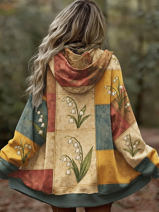 Női vintage virágos patchwork art nyomtatás kényelmes alkalmi hoodie
