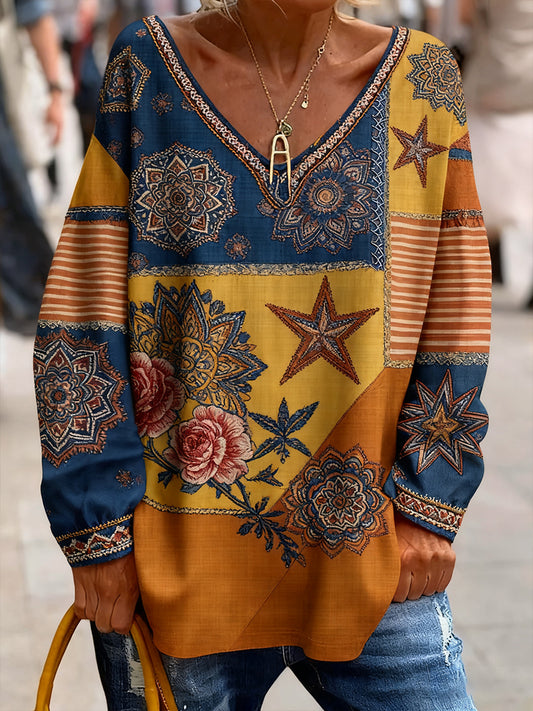 Női vintage művészet virágos nyomtatás kényelem felső