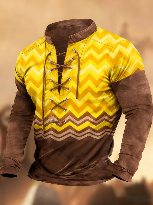 Évjárat nyugati művészet nyomtatás ország stílus v-nyak henley hosszú ujjú ing