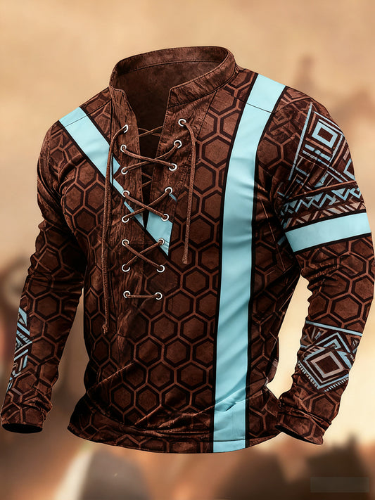 Évjárat nyugati művészet nyomtatás ország stílus v-nyak henley hosszú ujjú ing