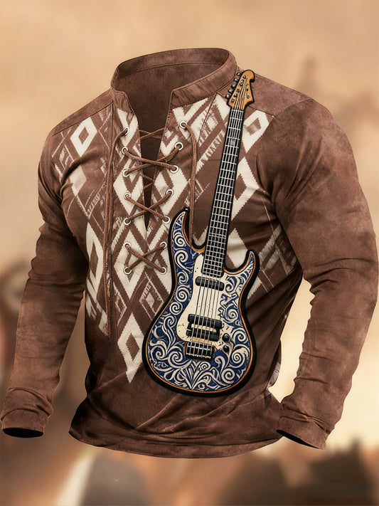 Évjárat nyugati művészet nyomtatás ország stílus v-nyak henley hosszú ujjú ing