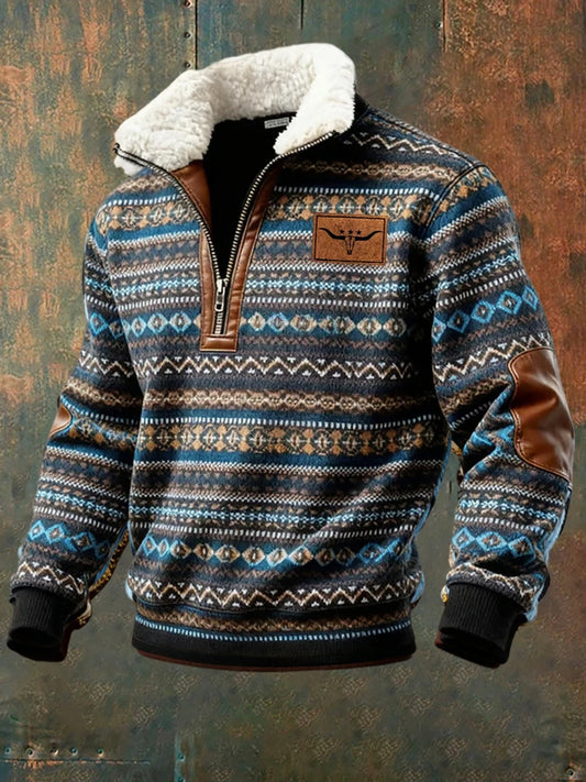 Férfi retro western art print alkalmi cipzár bunda nyakörv pulóver