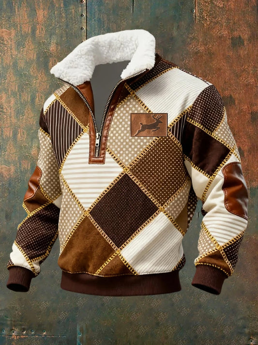 Férfi retro western art print alkalmi cipzár bunda nyakörv pulóver