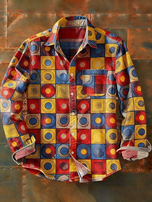 Férfi retro absztrakt művészet nyomtatás alkalmi hosszú ujjú ing