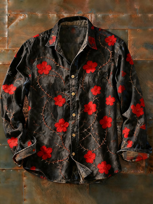 Férfi retro absztrakt művészet nyomtatás alkalmi hosszú ujjú ing