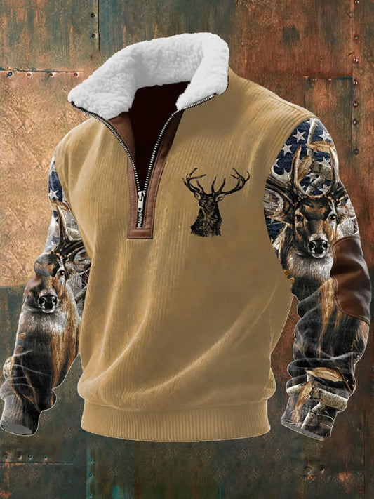 Férfi retro western art print alkalmi cipzár bunda nyakörv pulóver