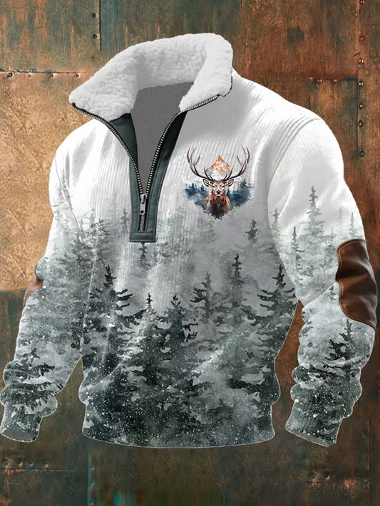 Férfi retro western art print alkalmi cipzár bunda nyakörv pulóver