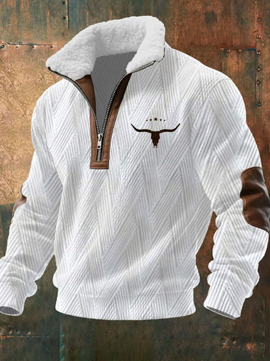 Férfi retro western art print alkalmi cipzár bunda nyakörv pulóver