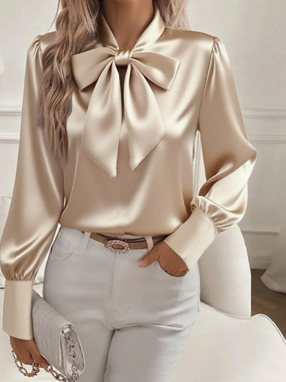 Női retro hosszú ujjú íj-nyakkendő szatén blúz