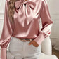 Női retro hosszú ujjú íj-nyakkendő szatén blúz