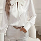 Női retro hosszú ujjú íj-nyakkendő szatén blúz