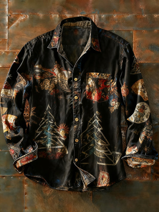 Férfi retro absztrakt művészet nyomtatás alkalmi hosszú ujjú ing