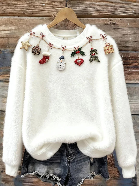 Női vintage karácsonyi művészet nyomtatás hangulatos flanel pulóver