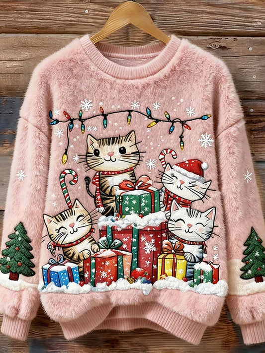 Női vintage karácsonyi művészet nyomtatás hangulatos flanel pulóver