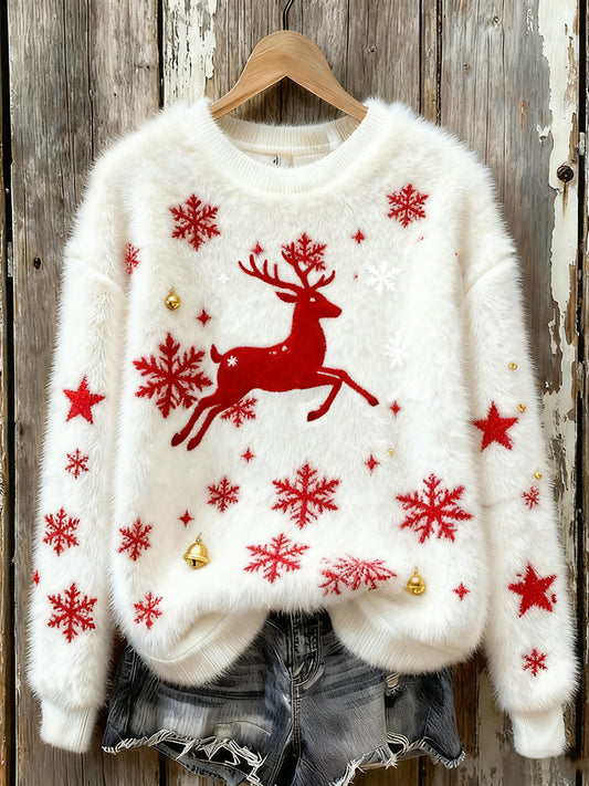 Női vintage karácsonyi művészet nyomtatás hangulatos flanel pulóver