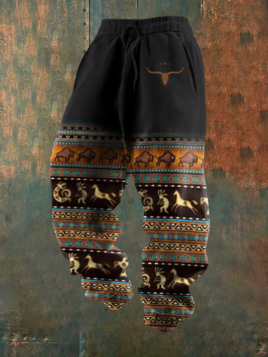 Férfi retro western nyomtatás laza alkalmi nadrág