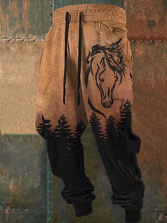 Férfi retro western nyomtatás laza alkalmi nadrág