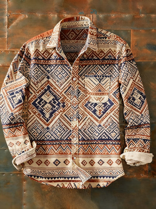 Férfi retro absztrakt művészet nyomtatás alkalmi hosszú ujjú ing