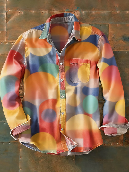 Férfi retro absztrakt művészet nyomtatás alkalmi hosszú ujjú ing