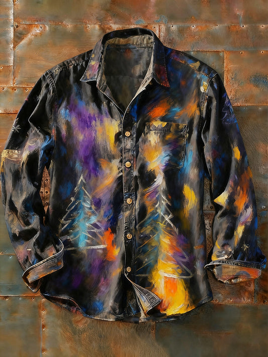 Férfi retro absztrakt művészet nyomtatás alkalmi hosszú ujjú ing