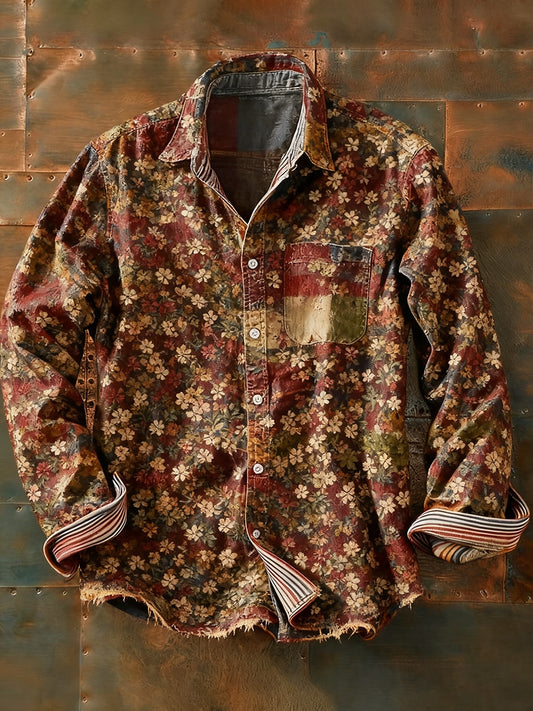 Férfi retro absztrakt művészet nyomtatás alkalmi hosszú ujjú ing